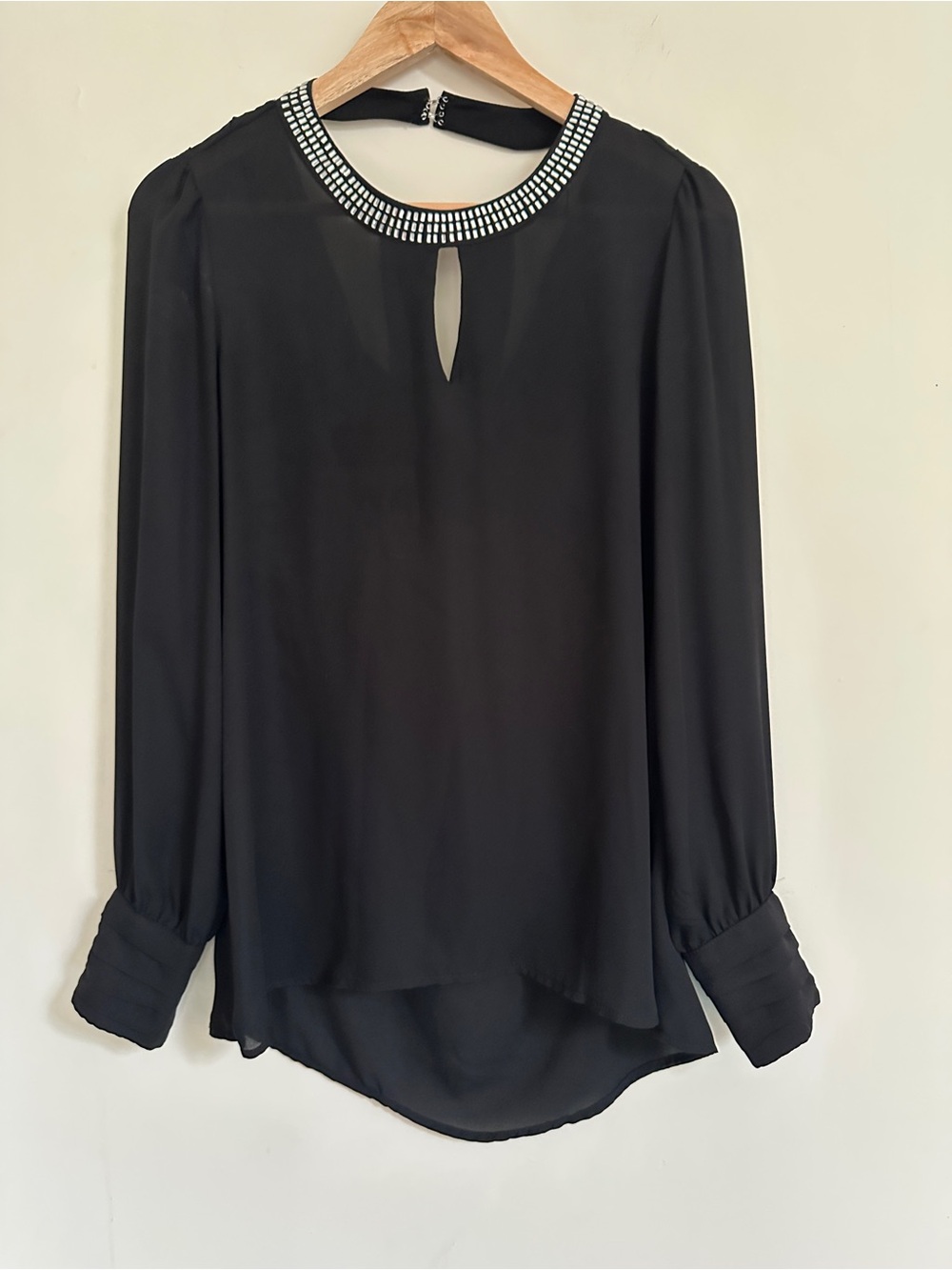 Semi-sheer Embellished Neck Long-Sleeve Blouse
